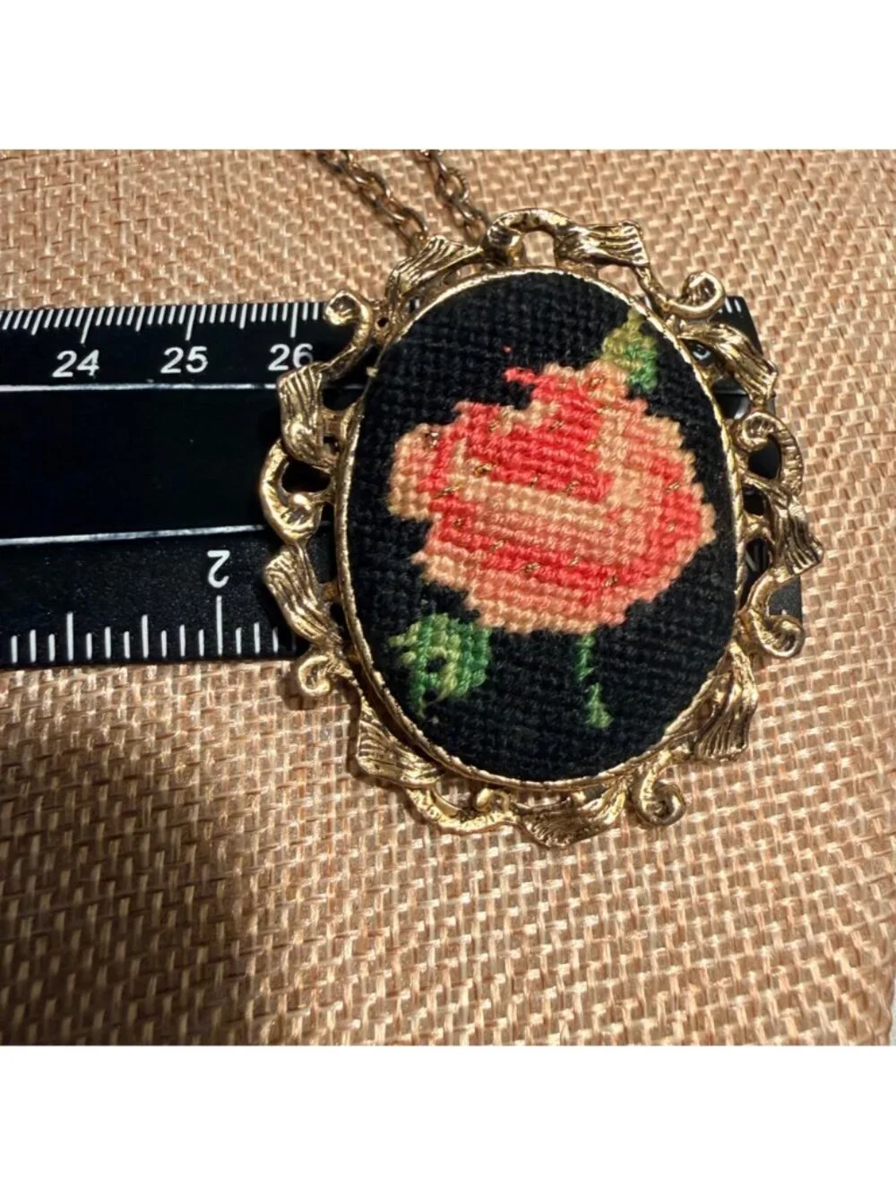 Vintage Needlepoint Rose Necklace Brooch Gold Tone Floral Convertible Pendant